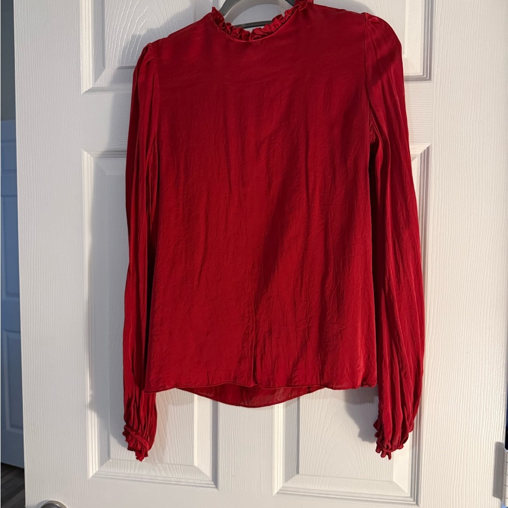 Carolina Herrera Red Puff Sleeve Blouse with Mandarin Collar